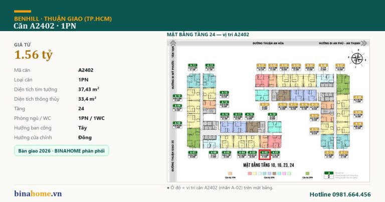 Sơ đồ vị trí căn hộ A2402 BenHill trên mặt bằng tầng — 1PN, 37,43m², hướng ban công Tây