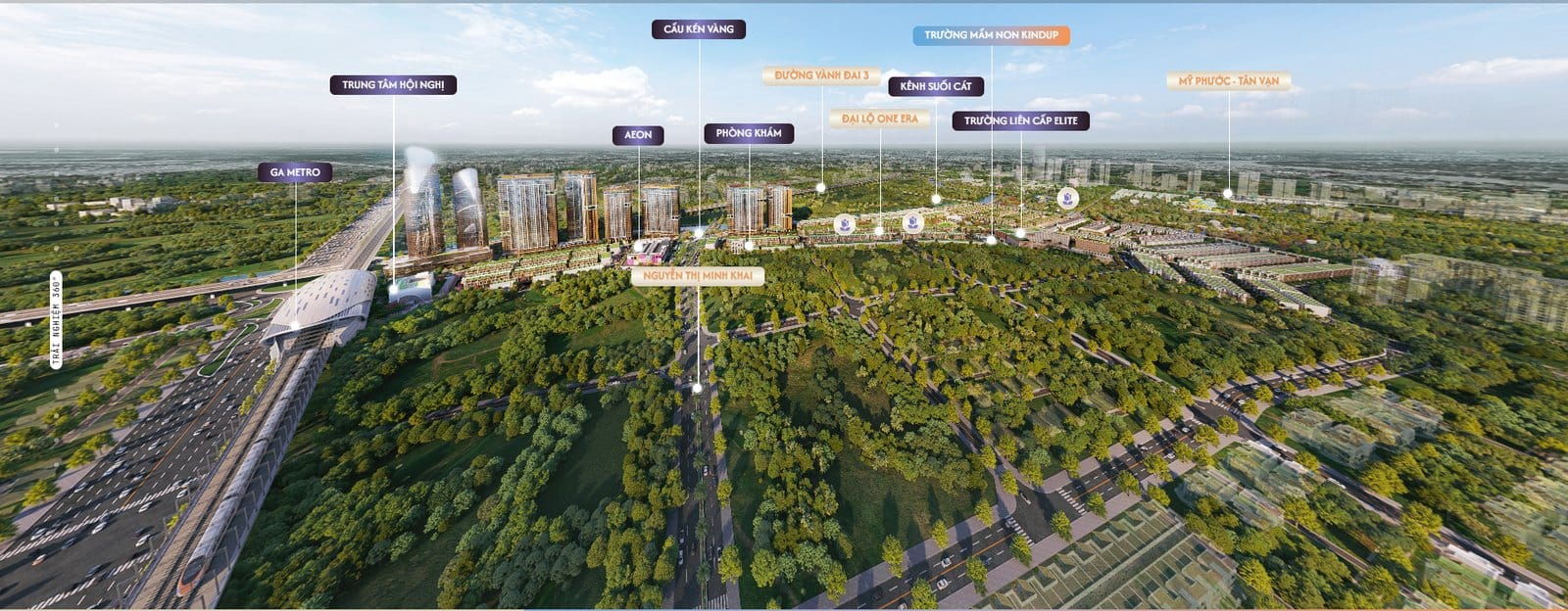 Bản đồ kết nối vị trí Khu Đô Thị One Era 49,5ha tại Phường Thuận Giao, TP.HCM — Ga Metro, AEON, Vành Đai 3, Quốc lộ 13, trường liên cấp