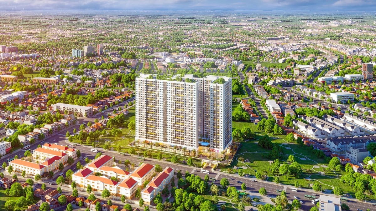 Phối cảnh toàn cảnh chung cư Legacy Central giữa khu dân cư Phường Thuận Giao, TP.HCM nhìn từ trên cao