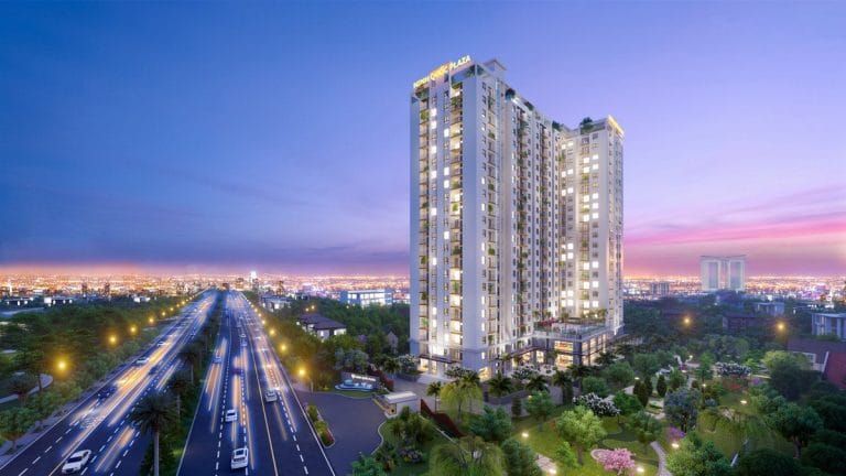 Phối cảnh căn hộ Minh Quốc Plaza lúc hoàng hôn tím bên đại lộ tại Phường Bình Dương, TP.HCM