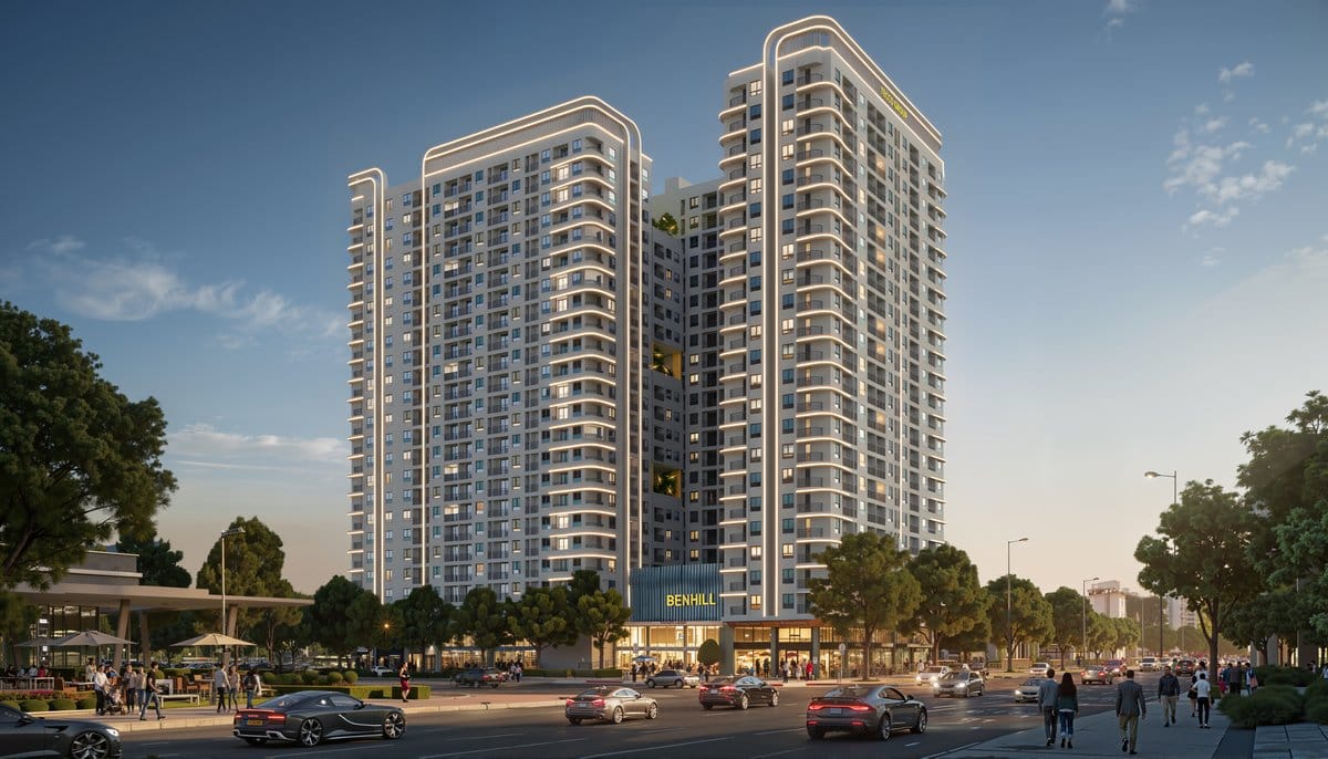 Phối cảnh chung cư BenHill hai tòa tháp lúc hoàng hôn tại Phường Thuận Giao, TP.HCM với khối đế thương mại
