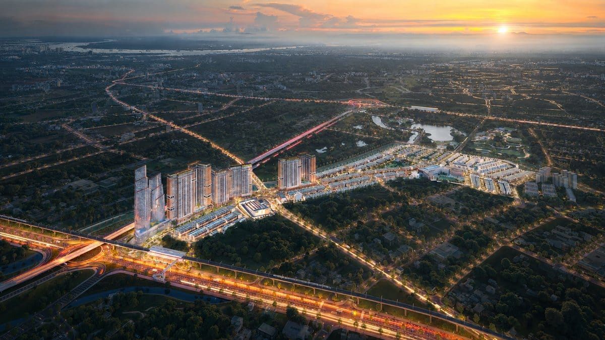Phối cảnh toàn cảnh khu đô thị One Era 49,5ha về đêm tại Phường Thuận Giao, TP.HCM