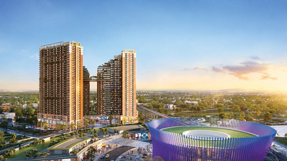 Phối cảnh dự án Nam Mekong Grand Plaza với hai tòa tháp bên ga Metro Bình Dương, Phường Bình Dương, TP.HCM