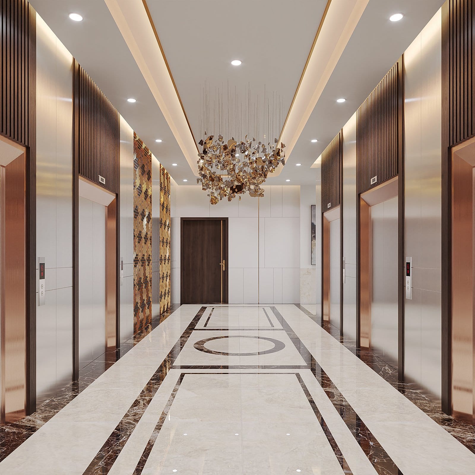 Sảnh thang máy nội khu chung cư BenHill với đèn nghệ thuật, Phường Thuận Giao, TP.HCM