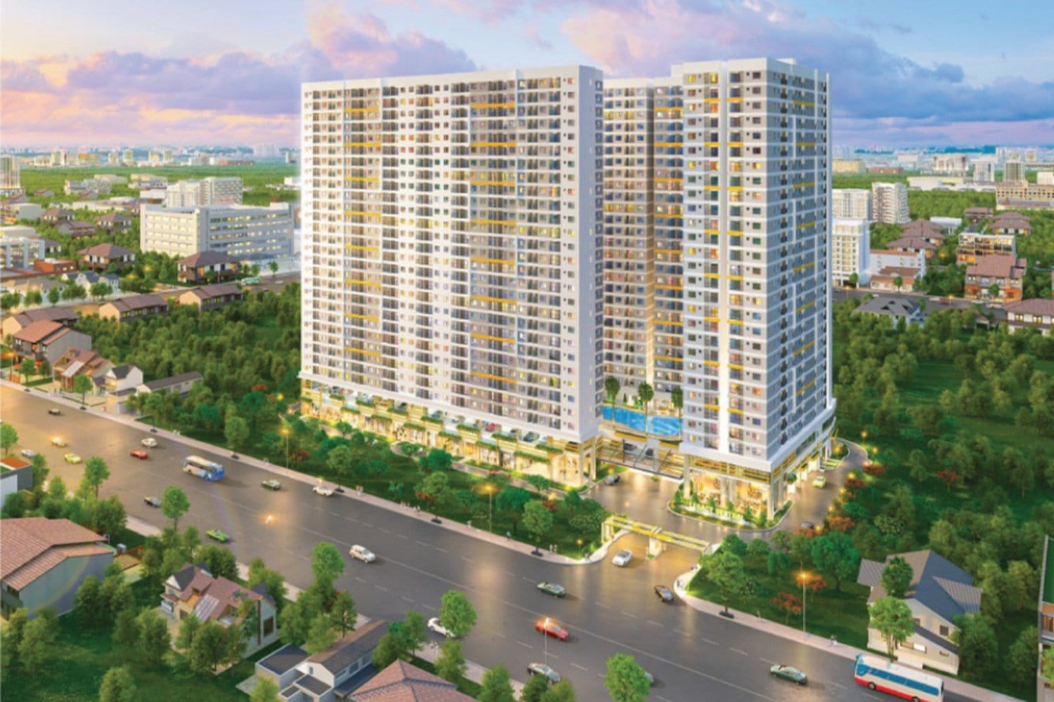 Phối cảnh tổng thể Legacy Central 2 toà tháp 29 tầng lúc hoàng hôn, khối shophouse và hồ bơi nội khu, Phường Thuận Giao, TP.HCM