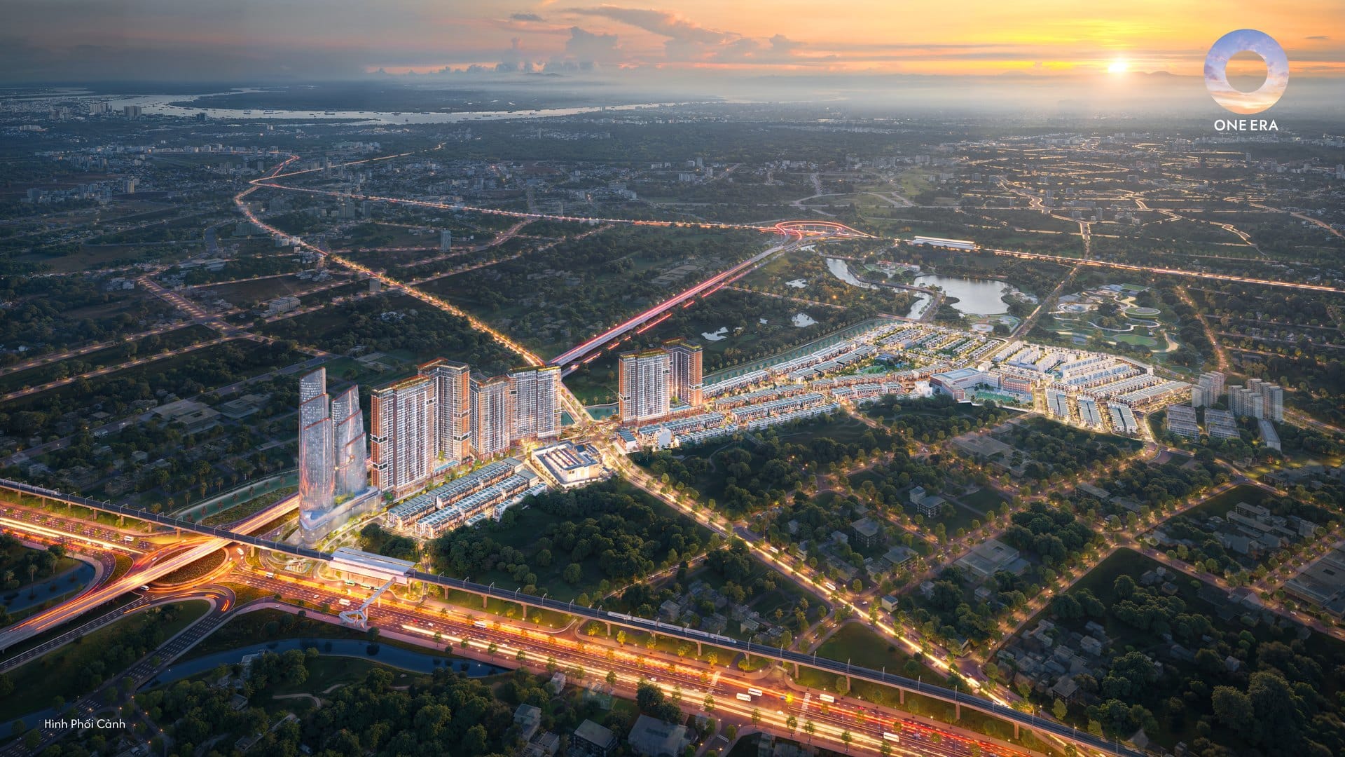 Toàn cảnh Khu Đô Thị One Era 49,5ha lúc hoàng hôn tại Phường Thuận Giao, TP.HCM — tháp cao tầng, nhà phố, shophouse và Vành Đai 3